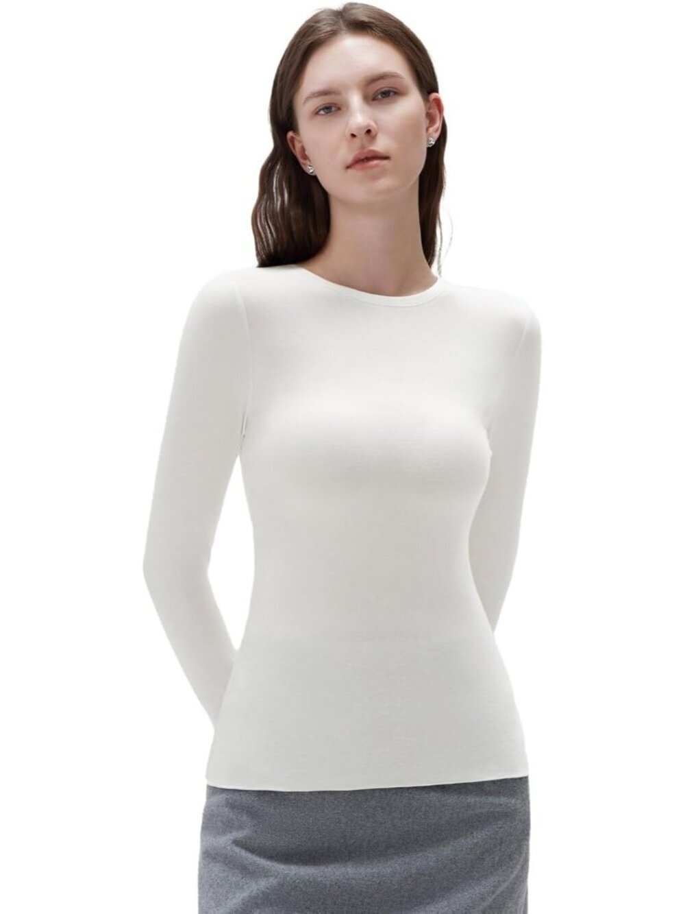 Women's White Long Sleeve Crew Neck Pull On Slim Fitted Imported Tops Shirts